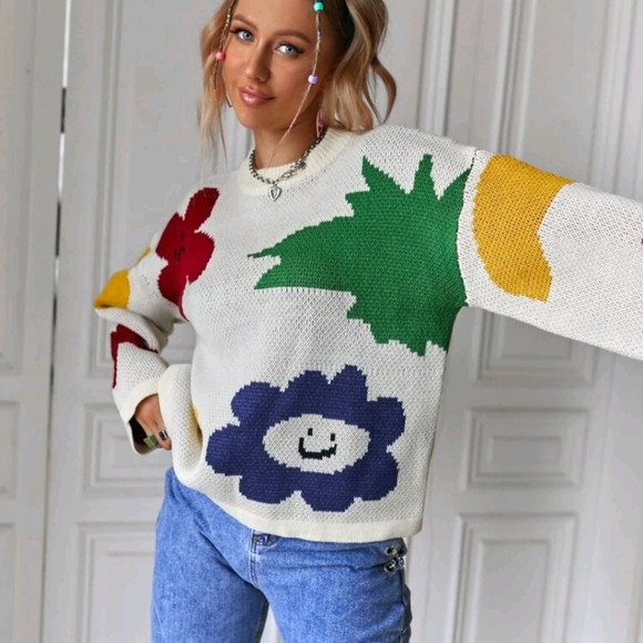 Floral Pattern Drop Shoulder Sweater - Picture 6 of 8